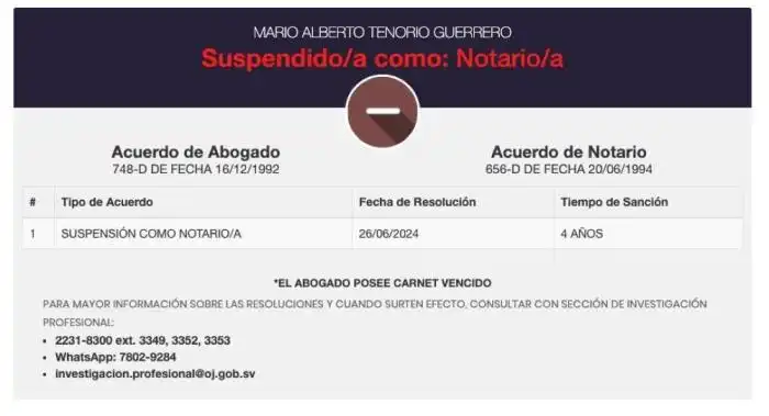 El sitio de la CSJ refleja la suspensión como notario para Tenorio.