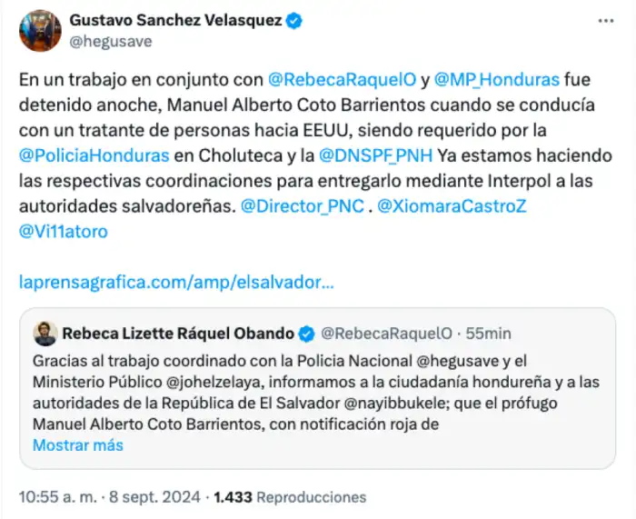 El secretario de Estado de Seguridad de Honduras informó de la captura del gerente general de Cosavi y a la vez retomó una noticia de julio sobre su captura en Panamá.