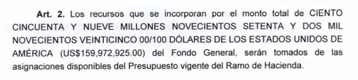 Artículo 2 del decreto de reforma presupuestaria de $159 millones que generó discusión.