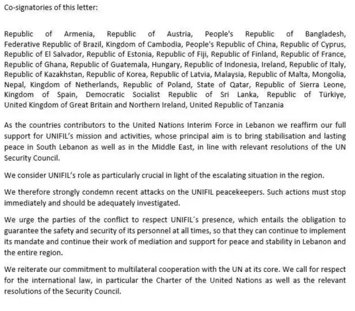 Parte de la carta compartida por la misión polaca en la fuerza la ONU en Líbano.