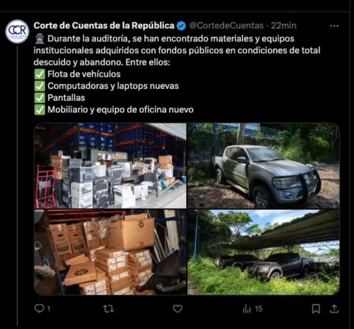 Primera versión del tweet publicado por la Corte de Cuentas. 