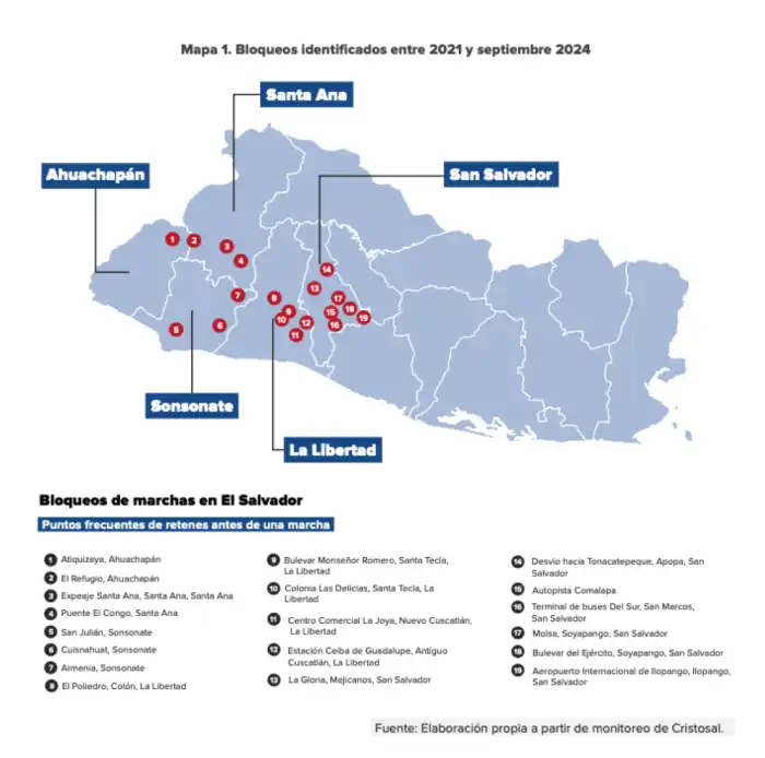 Mapa de bloqueos a protestas según Cristosal.