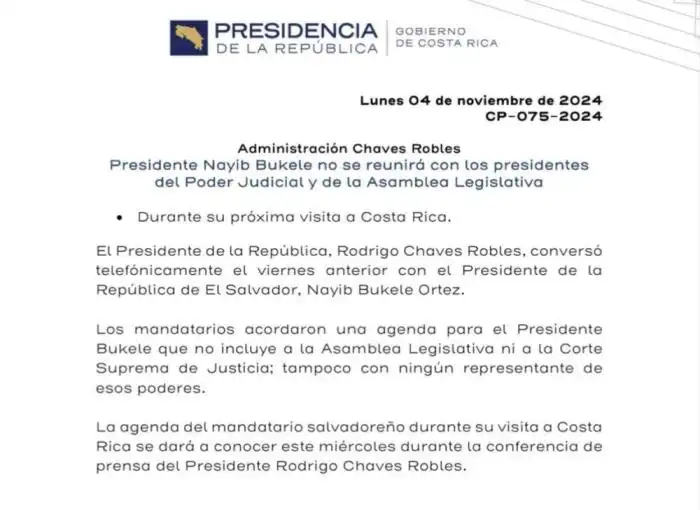  Comunicado de la Presidencia de la República de Costa Rica.