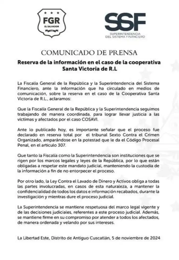 Comunicado conjunto de la FGR y la SSF luego de la publicación de la reserva que consta en el Índice de Reserva de la SSF.