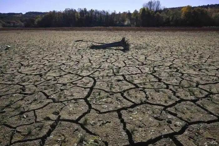 Esta fotografía muestra la presa seca de Yovkovtsi, cerca de la ciudad de Elena, en el centro de Bulgaria, el 8 de noviembre de 2024. Nueve de las doce presas que abastecen de agua a las localidades de Bulgaria están al 65% de su capacidad y la sequía del verano continúa ahora en otoño. Más de 240.000 personas en un país de 6,5 millones de habitantes se enfrentan a una escasez regular de agua./AFP