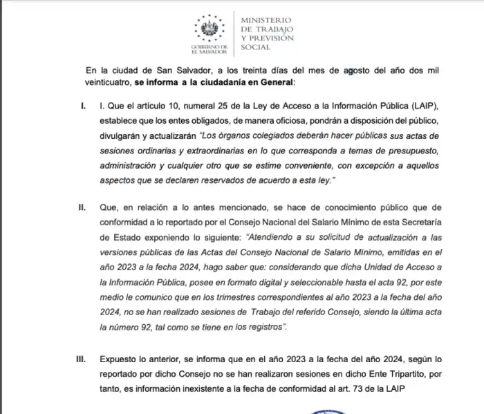 El MTPS confirma que la última sesión desarrollada fue la pactada en el acta 92 y que desde entonces “no se han realizado sesiones”. /Cortesía
