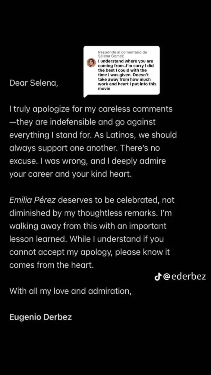 Eugenio Derbez pidió disculpas a Selena Gómez a través de un comunicado en su cuenta de tik tok.