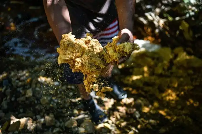 Un hombre muestra desechos químicos extraídos del río San Sebastián, contaminados por la actividad minera, en Santa Rosa de Lima, departamento de La Unión, El Salvador, el 5 de diciembre de 2024.  (Foto Daniela RODRIGUEZ / AFP)
